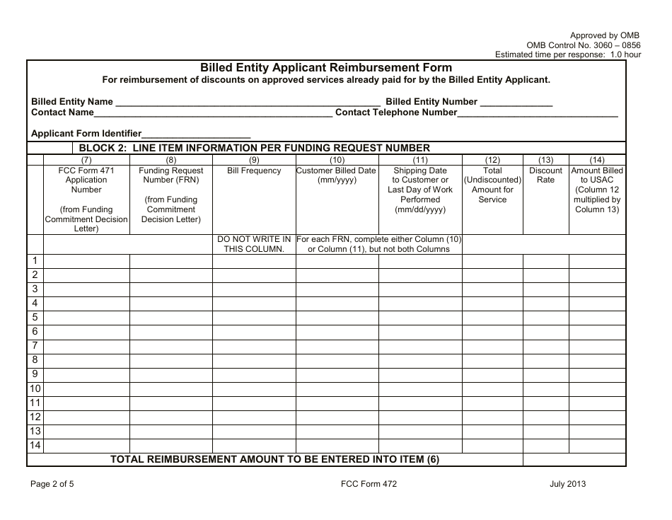 FCC Form 472 Billed Entity Applicant Reimbursement Form, Page 2