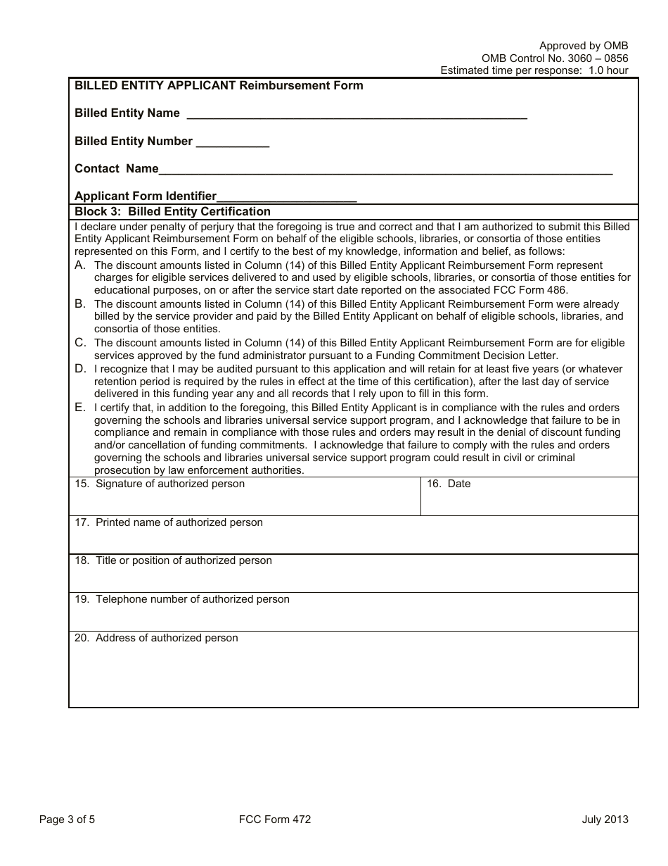 FCC Form 472 Billed Entity Applicant Reimbursement Form, Page 3