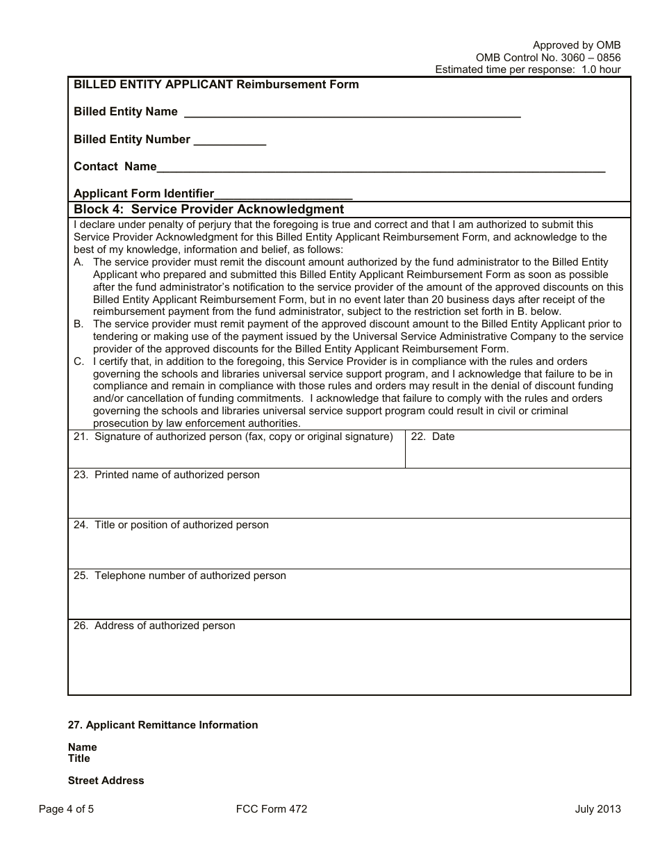 FCC Form 472 Billed Entity Applicant Reimbursement Form, Page 4