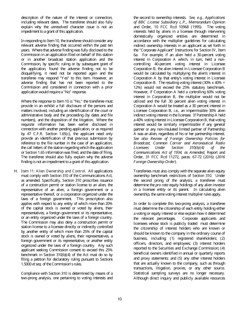 FCC Form 315 Application for Consent to Transfer Control of Entity Holding Broadcast Station Construction Permit or License, Page 10