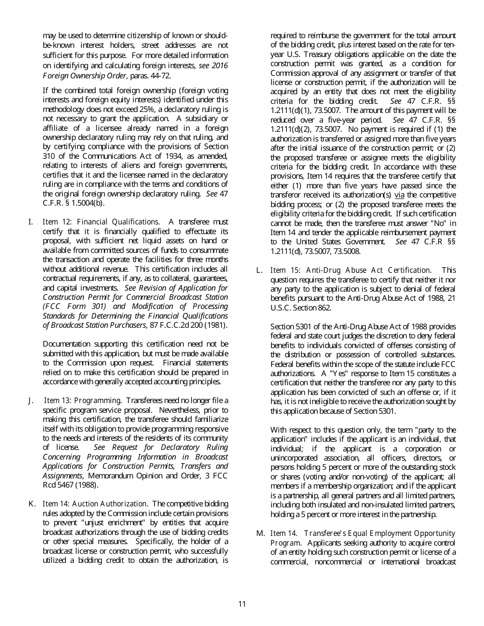 FCC Form 315 Application for Consent to Transfer Control of Entity Holding Broadcast Station Construction Permit or License, Page 11