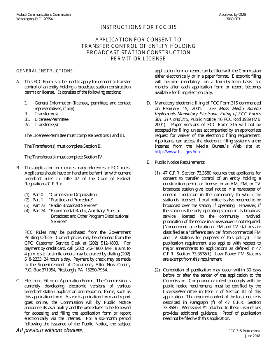 FCC Form 315 Application for Consent to Transfer Control of Entity Holding Broadcast Station Construction Permit or License, Page 1