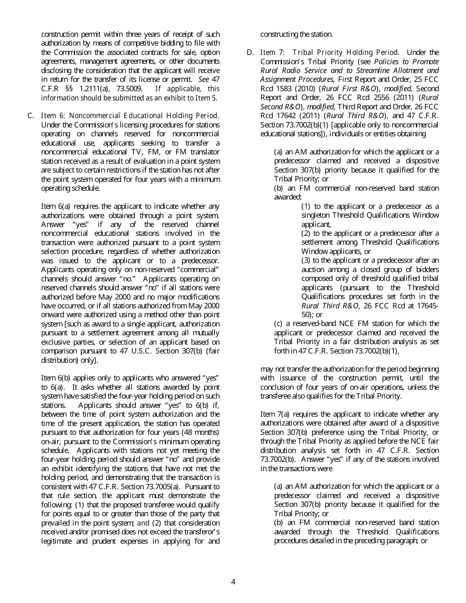 FCC Form 315 Application for Consent to Transfer Control of Entity Holding Broadcast Station Construction Permit or License, Page 4