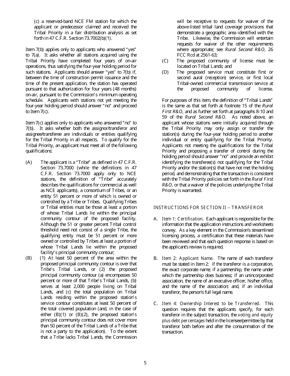FCC Form 315 Application for Consent to Transfer Control of Entity Holding Broadcast Station Construction Permit or License, Page 5