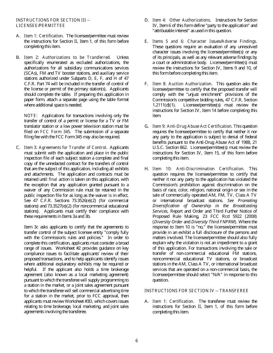 FCC Form 315 Application for Consent to Transfer Control of Entity Holding Broadcast Station Construction Permit or License, Page 6