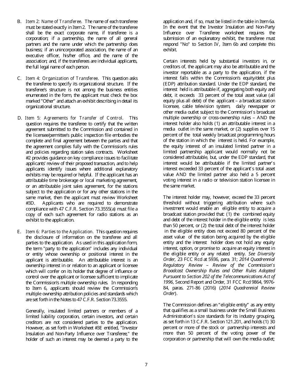 FCC Form 315 Application for Consent to Transfer Control of Entity Holding Broadcast Station Construction Permit or License, Page 7