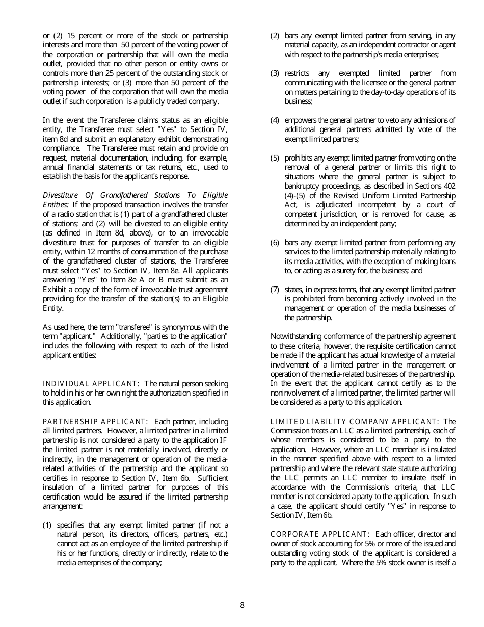 FCC Form 315 Application for Consent to Transfer Control of Entity Holding Broadcast Station Construction Permit or License, Page 8