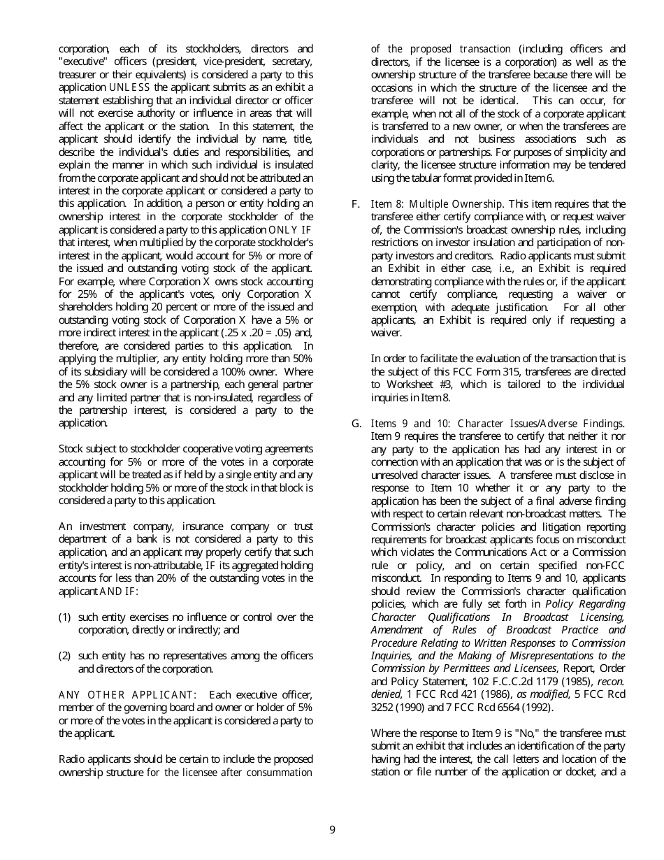 FCC Form 315 Application for Consent to Transfer Control of Entity Holding Broadcast Station Construction Permit or License, Page 9