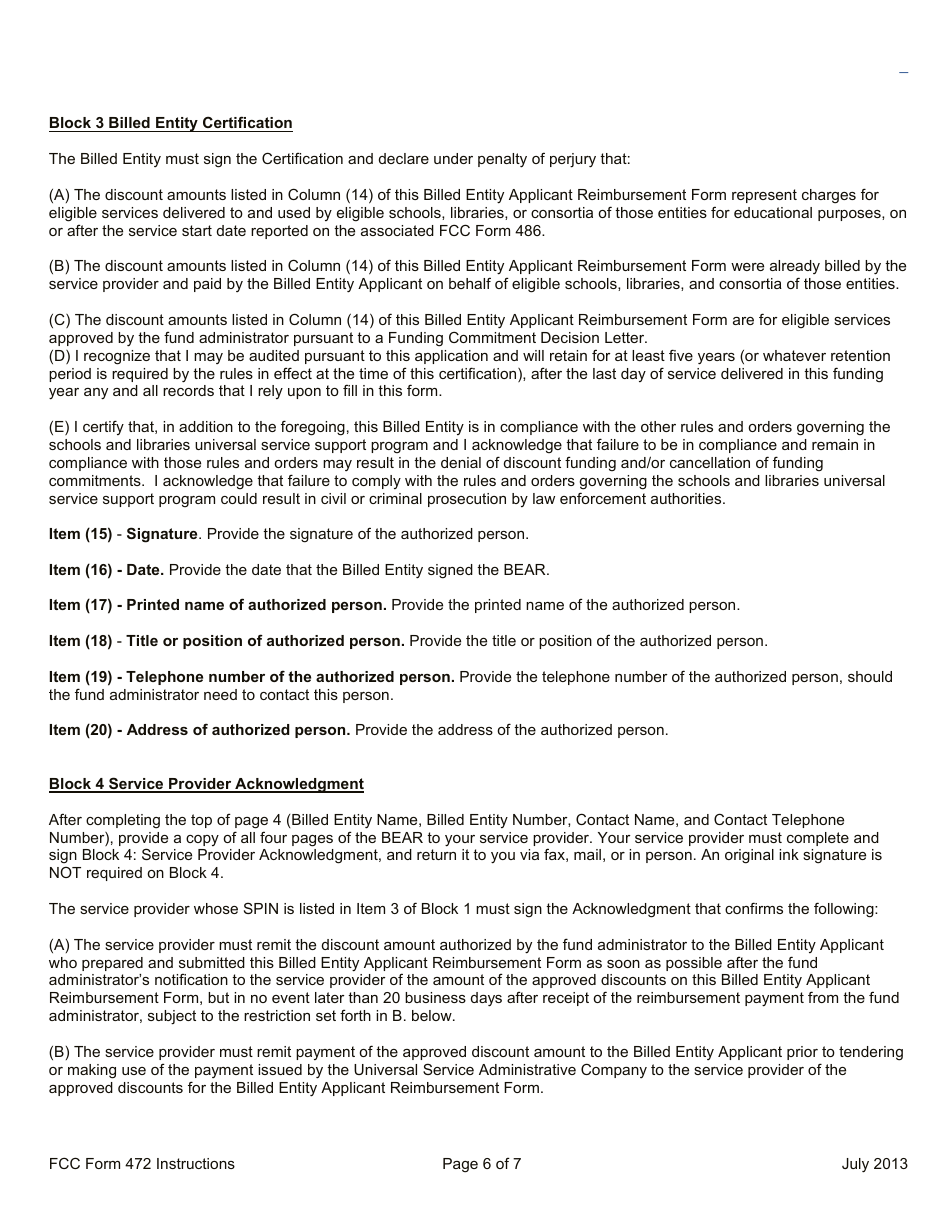 Instructions for FCC Form 472 Billed Entity Applicant Reimbursement Form, Page 6