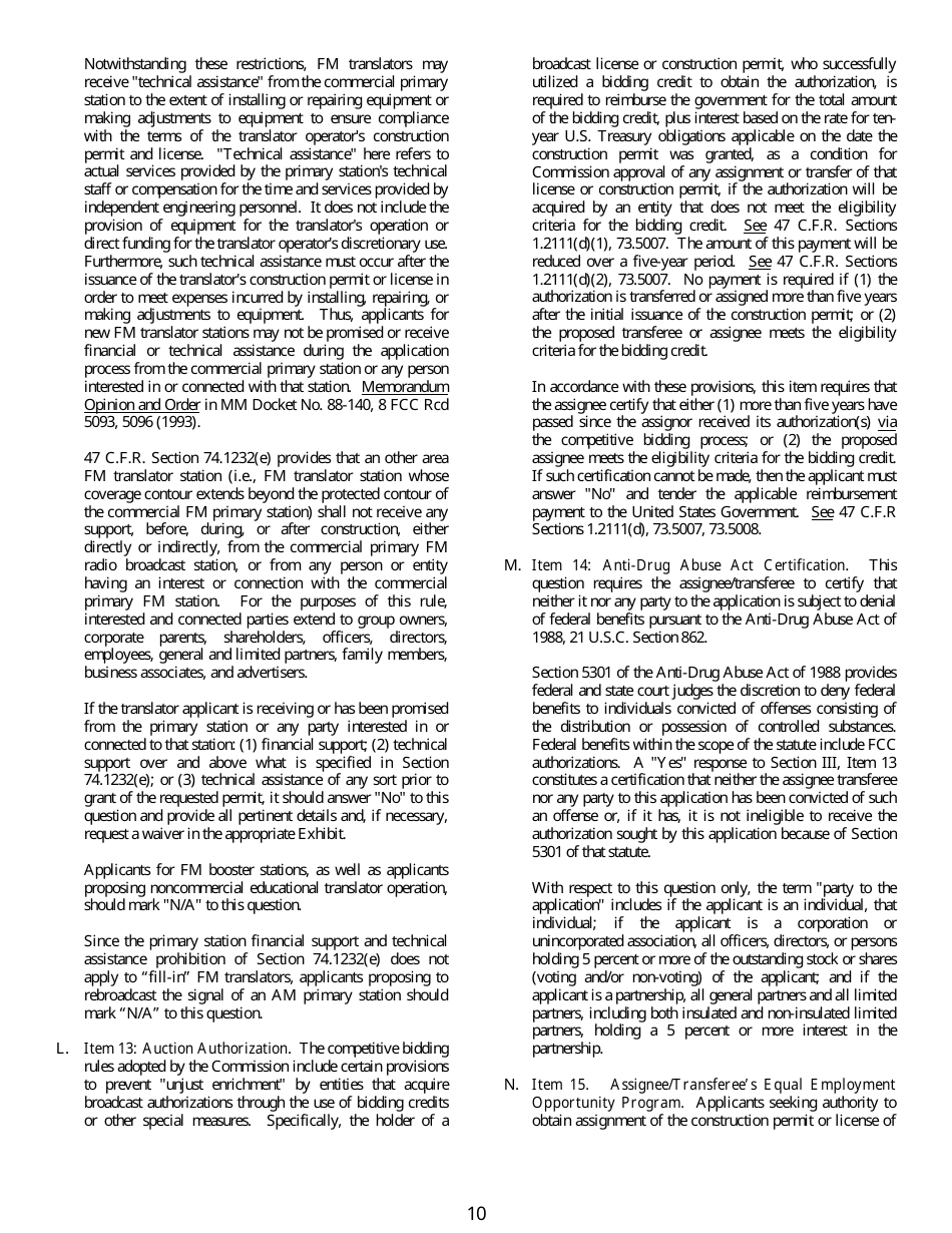 FCC Form 345 Application for Consent to Assign Construction Permit or License for Tv or Fm Translator Station or Low Power Television Station or to Transfer Control of Entity Holding Tv or Fm Translator or Low Power Television Station, Page 10