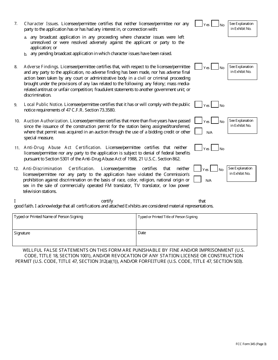 FCC Form 345 Application for Consent to Assign Construction Permit or License for Tv or Fm Translator Station or Low Power Television Station or to Transfer Control of Entity Holding Tv or Fm Translator or Low Power Television Station, Page 14