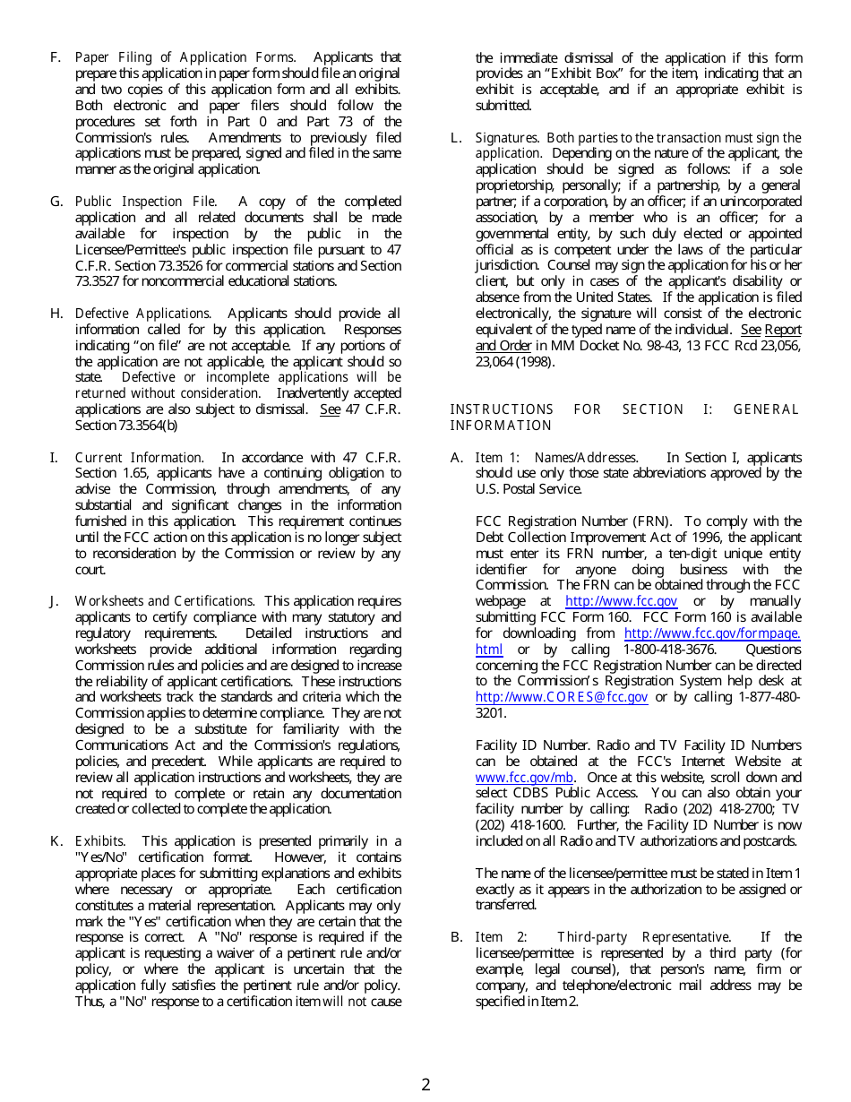 FCC Form 345 Application for Consent to Assign Construction Permit or License for Tv or Fm Translator Station or Low Power Television Station or to Transfer Control of Entity Holding Tv or Fm Translator or Low Power Television Station, Page 2