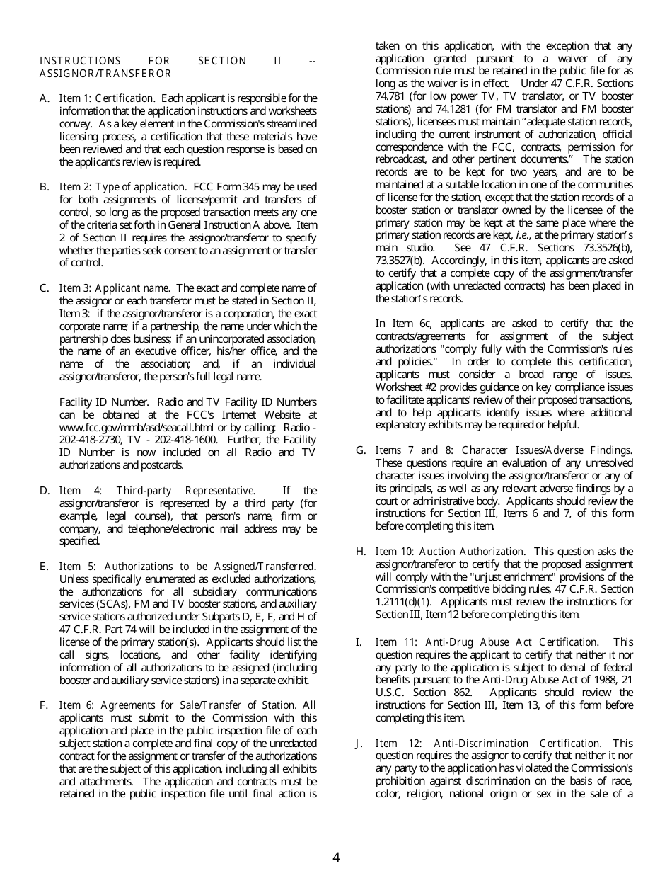 FCC Form 345 Application for Consent to Assign Construction Permit or License for Tv or Fm Translator Station or Low Power Television Station or to Transfer Control of Entity Holding Tv or Fm Translator or Low Power Television Station, Page 4