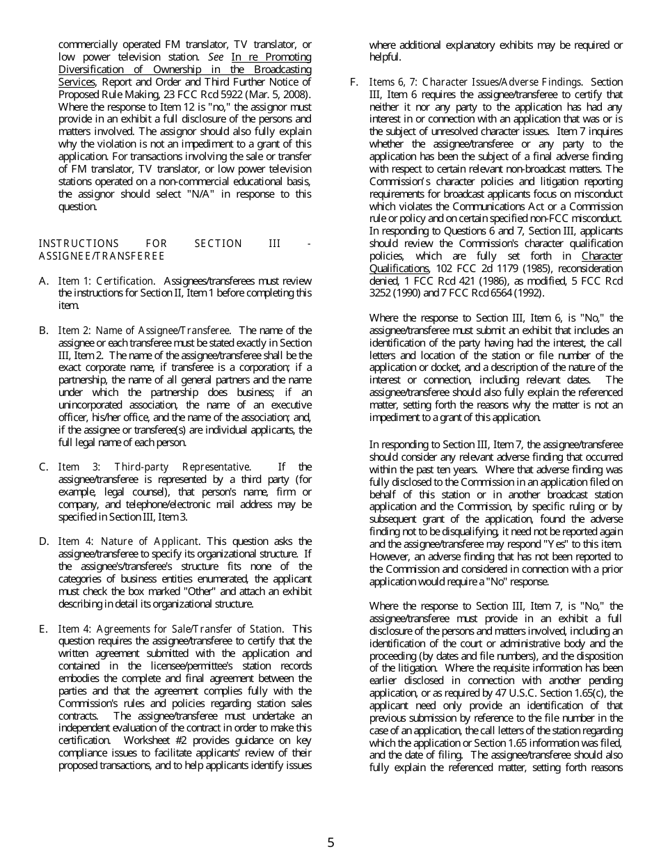 FCC Form 345 Application for Consent to Assign Construction Permit or License for Tv or Fm Translator Station or Low Power Television Station or to Transfer Control of Entity Holding Tv or Fm Translator or Low Power Television Station, Page 5