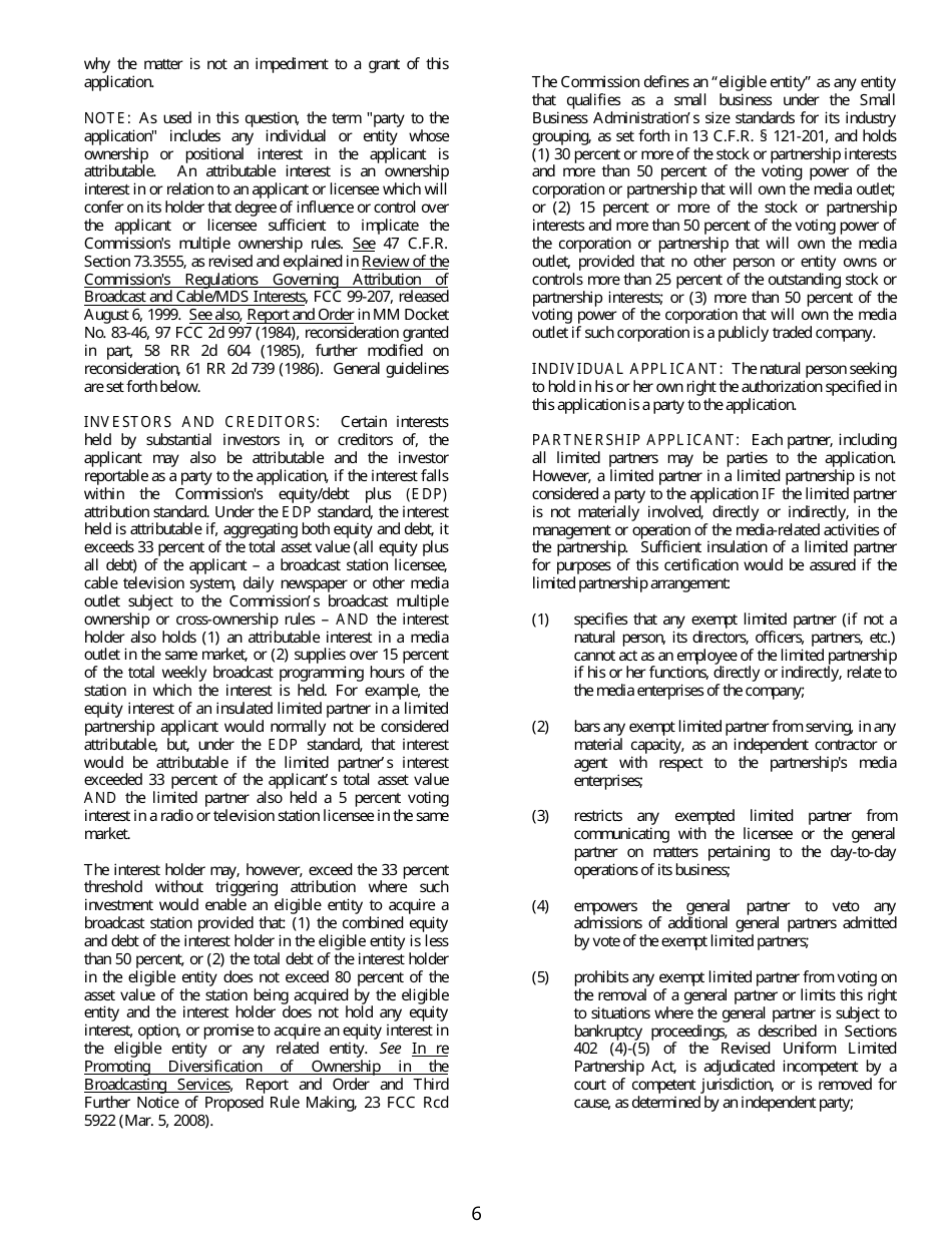 FCC Form 345 Application for Consent to Assign Construction Permit or License for Tv or Fm Translator Station or Low Power Television Station or to Transfer Control of Entity Holding Tv or Fm Translator or Low Power Television Station, Page 6
