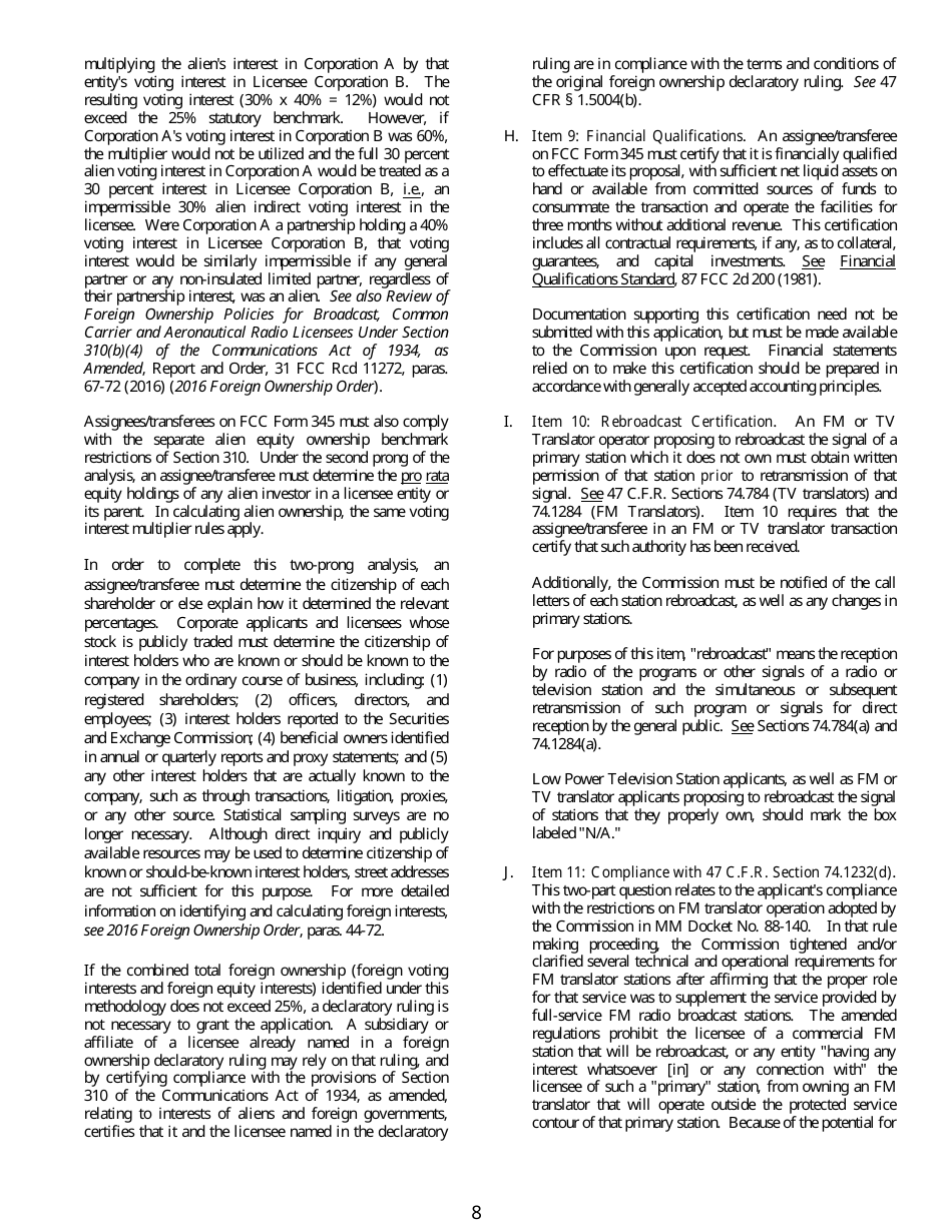 FCC Form 345 Application for Consent to Assign Construction Permit or License for Tv or Fm Translator Station or Low Power Television Station or to Transfer Control of Entity Holding Tv or Fm Translator or Low Power Television Station, Page 8