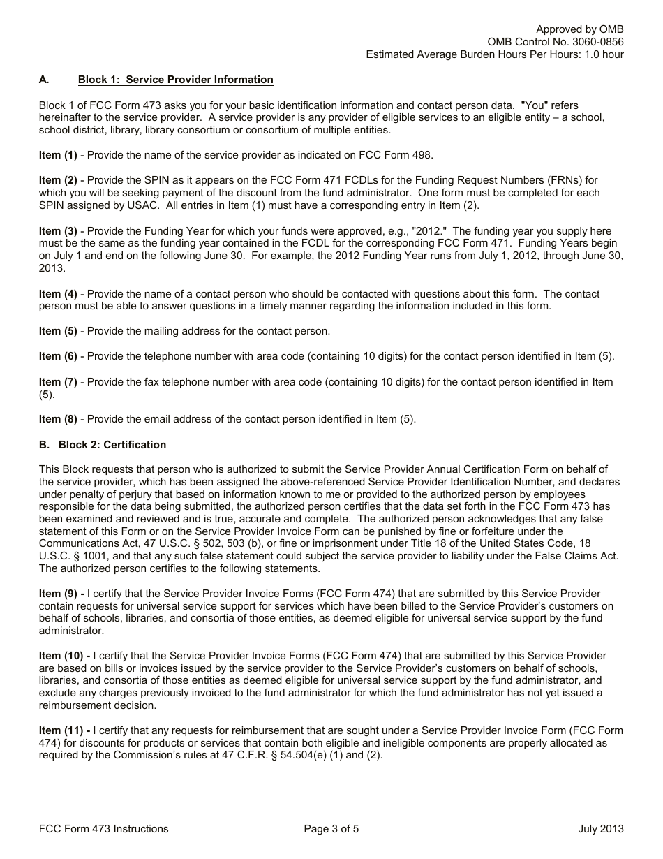 Instructions for FCC Form 473 Service Provider Annual Certification Form, Page 3