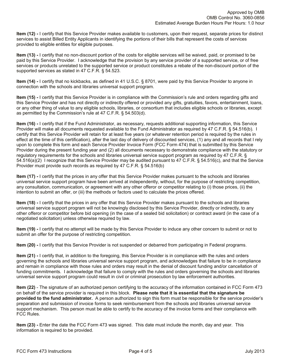 Instructions for FCC Form 473 Service Provider Annual Certification Form, Page 4