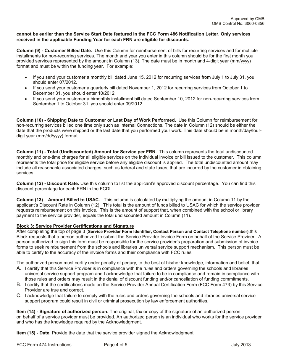 Instructions for FCC Form 474 Service Provider Invoice Form, Page 4