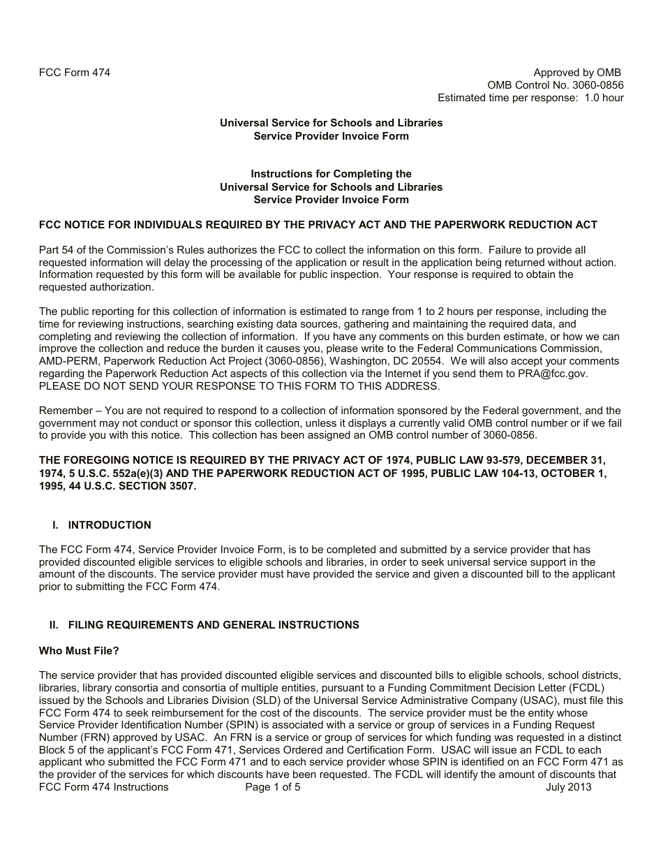 Download Instructions for FCC Form 474 Service Provider Invoice Form ...