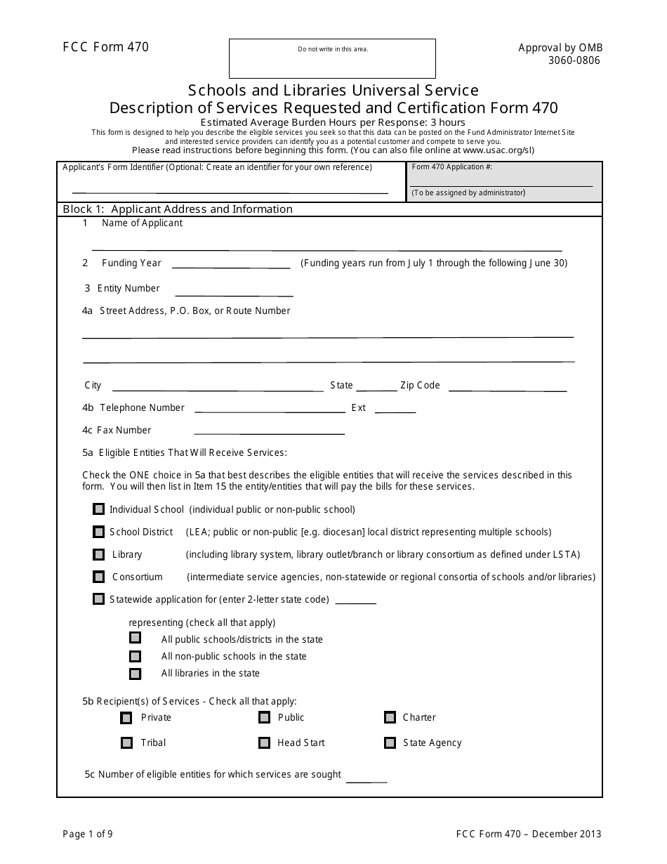 FCC Form 470 Description of Services Requested and Certification Form, Page 1