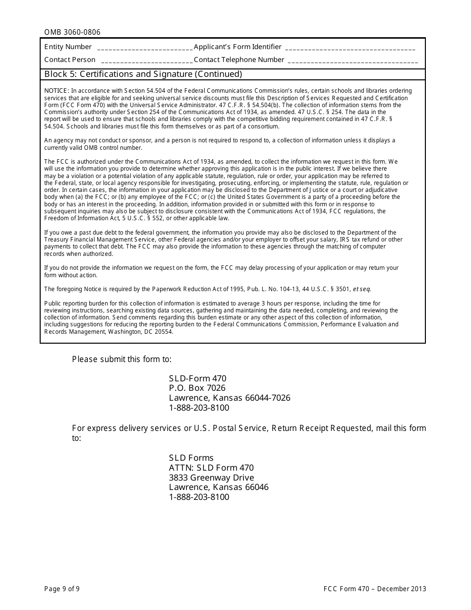 FCC Form 470 Description of Services Requested and Certification Form, Page 9