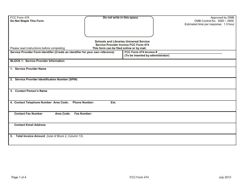 FCC Form 474 Service Provider Invoice Form