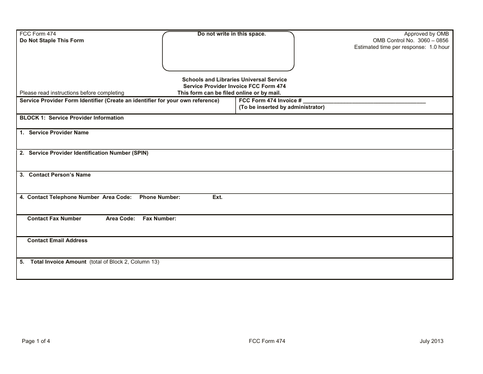 FCC Form 474 Service Provider Invoice Form, Page 1
