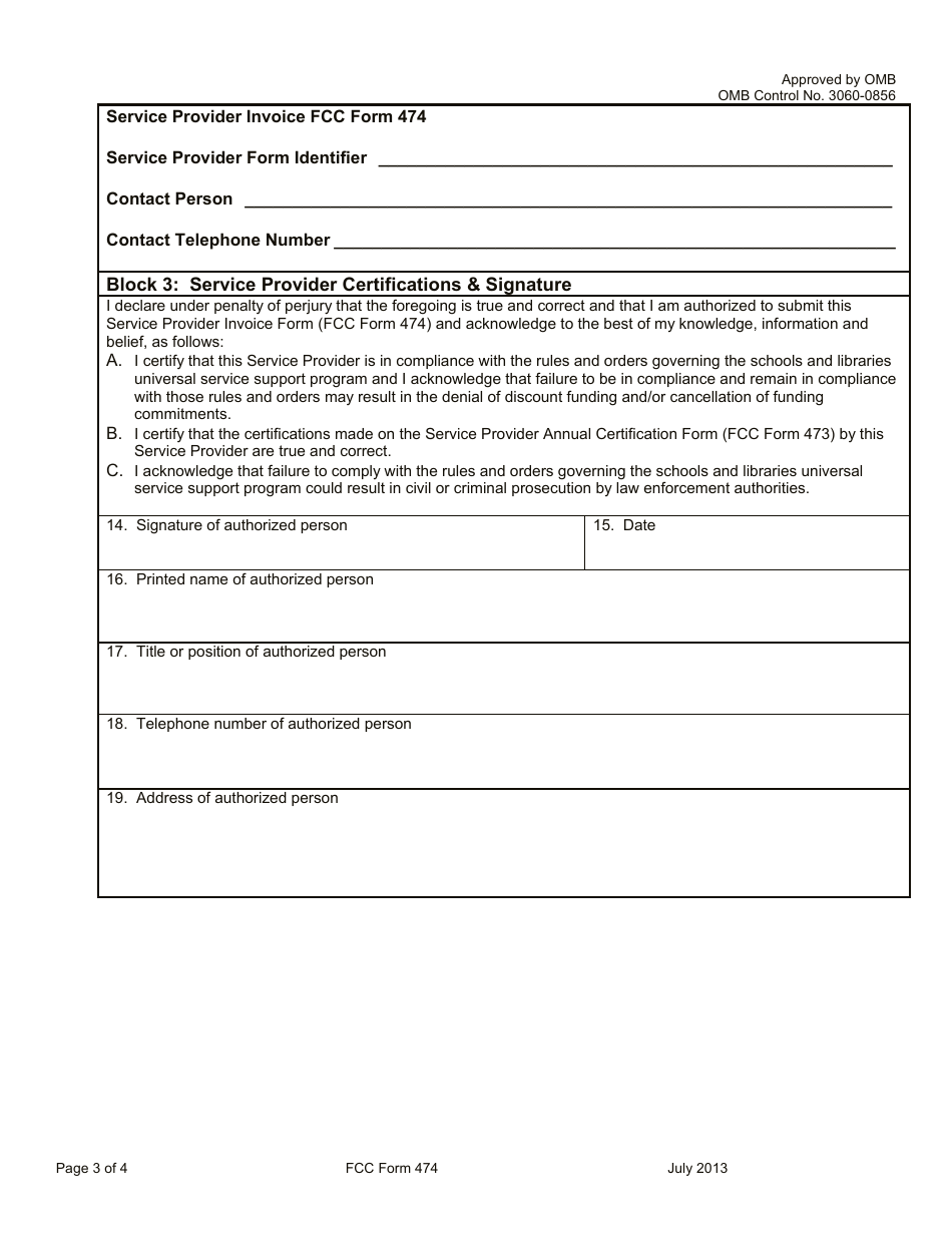 FCC Form 474 Service Provider Invoice Form, Page 3