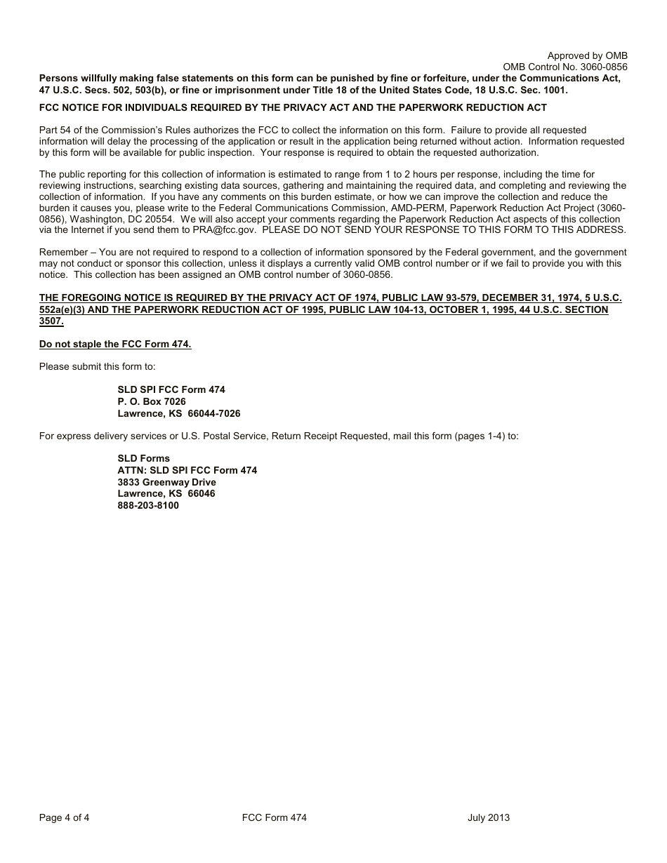 FCC Form 474 Service Provider Invoice Form, Page 4