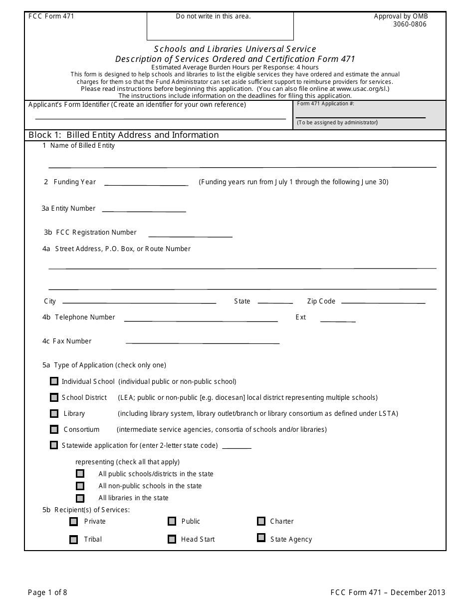 FCC Form 471 Description of Services Ordered and Certification Form, Page 1