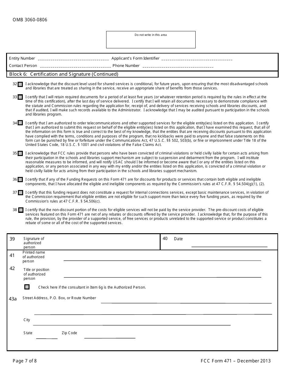 FCC Form 471 Description of Services Ordered and Certification Form, Page 7