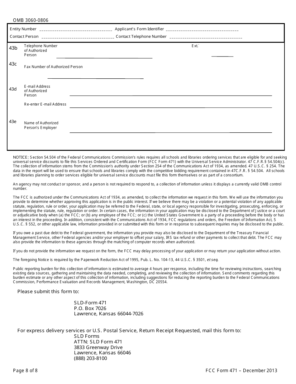 FCC Form 471 Description of Services Ordered and Certification Form, Page 8