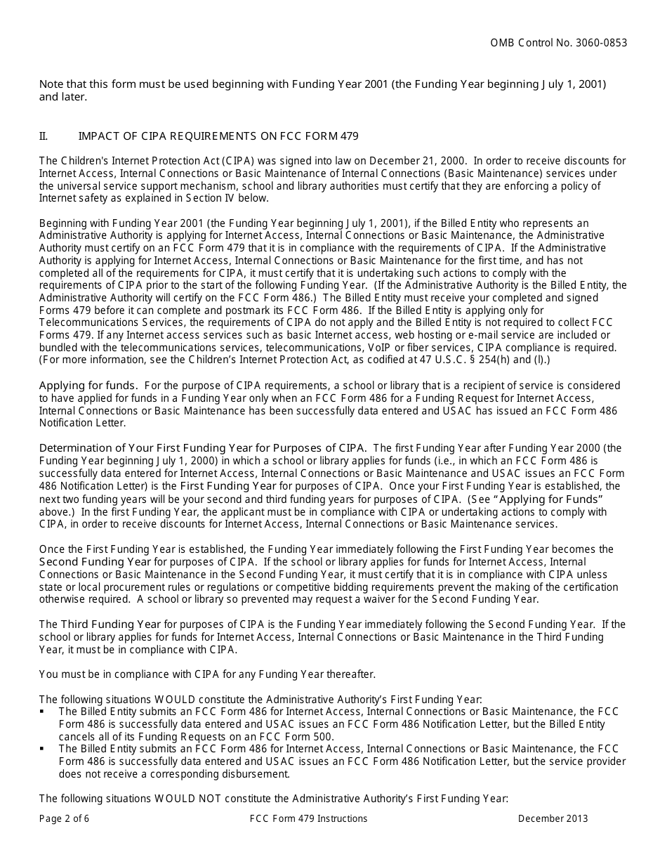 Instructions for FCC Form 479 Certification by Administrative Authority to Billed Entity of Compliance With the Childrens Internet Protection Act, Page 2