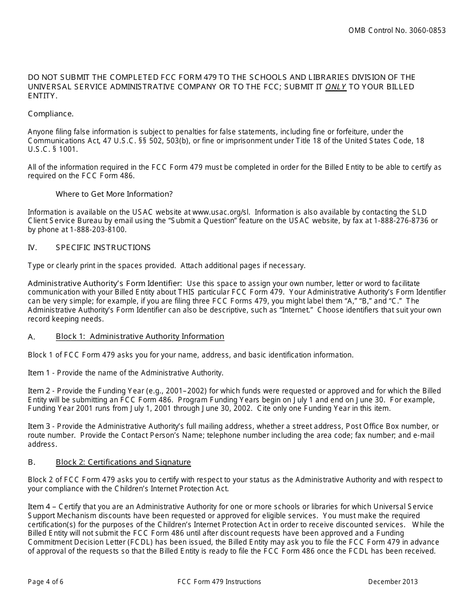 Instructions for FCC Form 479 Certification by Administrative Authority to Billed Entity of Compliance With the Childrens Internet Protection Act, Page 4