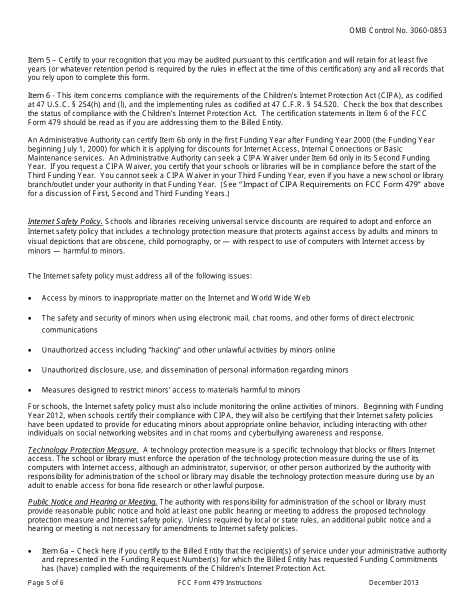 Instructions for FCC Form 479 Certification by Administrative Authority to Billed Entity of Compliance With the Childrens Internet Protection Act, Page 5