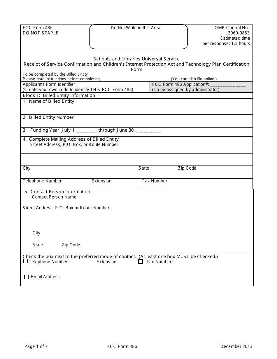 FCC Form 486 Receipt of Service Confirmation and Childrens Internet Protection Act and Technology Plan Certification Form, Page 1
