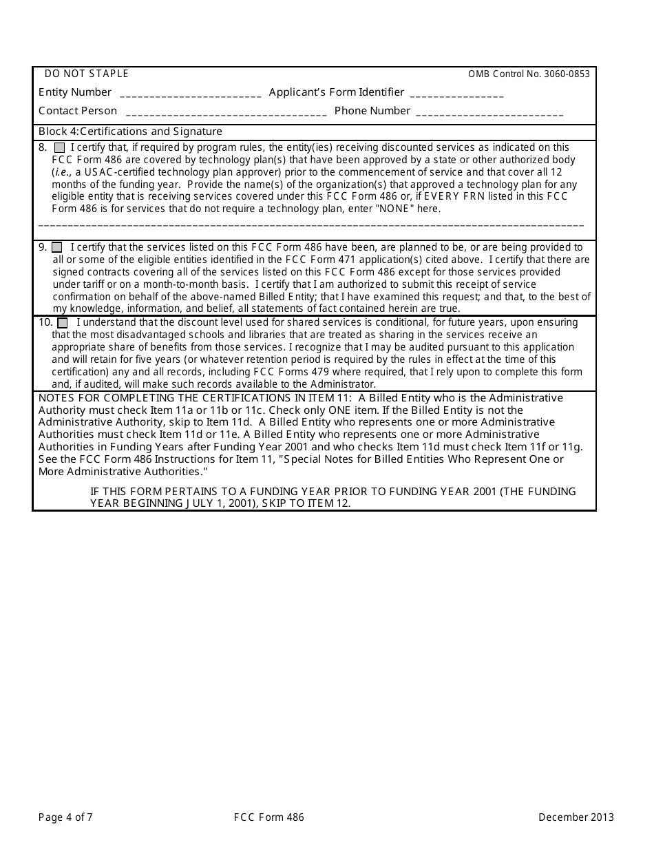 FCC Form 486 Receipt of Service Confirmation and Childrens Internet Protection Act and Technology Plan Certification Form, Page 4