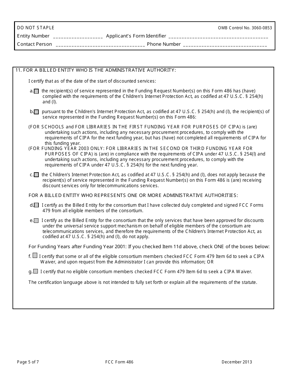 FCC Form 486 Receipt of Service Confirmation and Childrens Internet Protection Act and Technology Plan Certification Form, Page 5