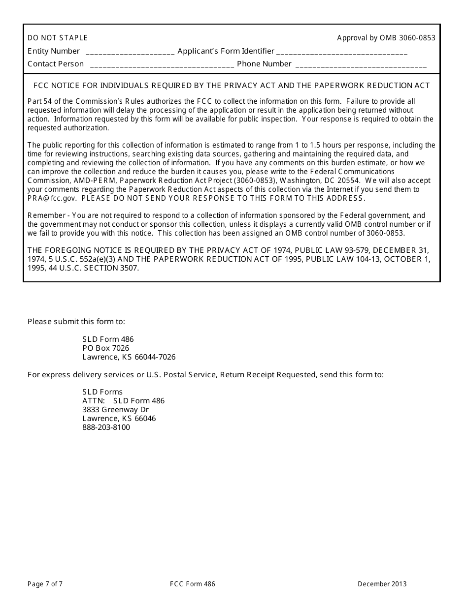 FCC Form 486 Receipt of Service Confirmation and Childrens Internet Protection Act and Technology Plan Certification Form, Page 7