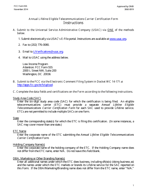 Instructions for FCC Form 555 Annual Lifeline Eligible Telecommunications Carrier Certification Form