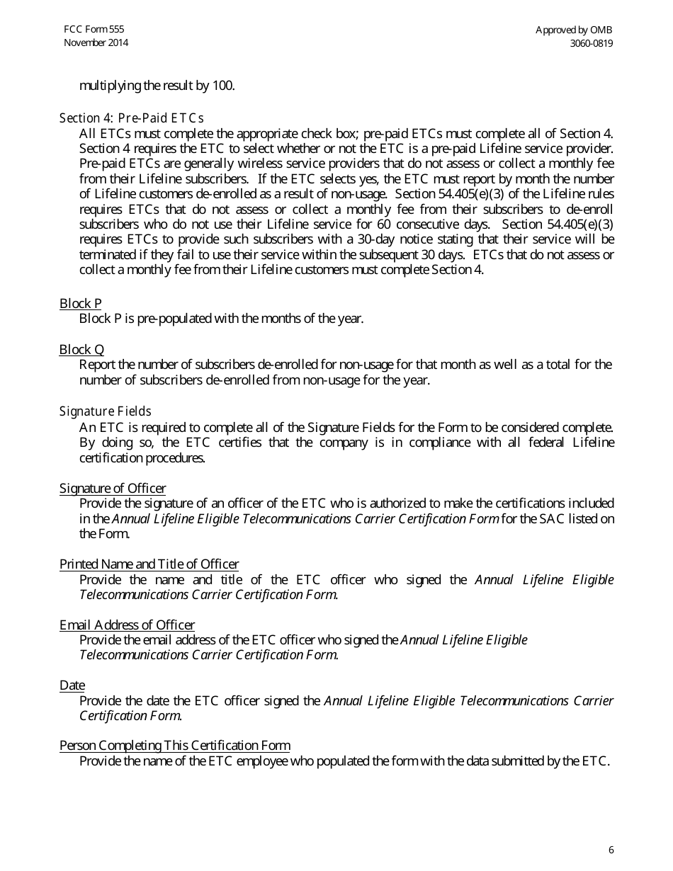 Instructions for FCC Form 555 Annual Lifeline Eligible Telecommunications Carrier Certification Form, Page 6