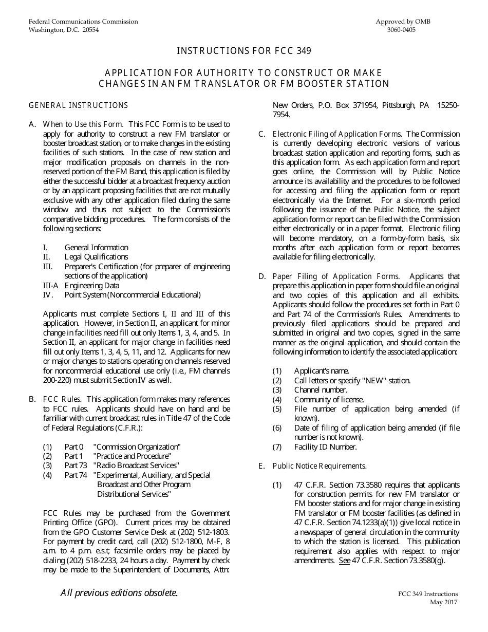 FCC Form 349 Application for Authority to Construct or Make Changes in an Fm Translator or Fm Booster Station, Page 1
