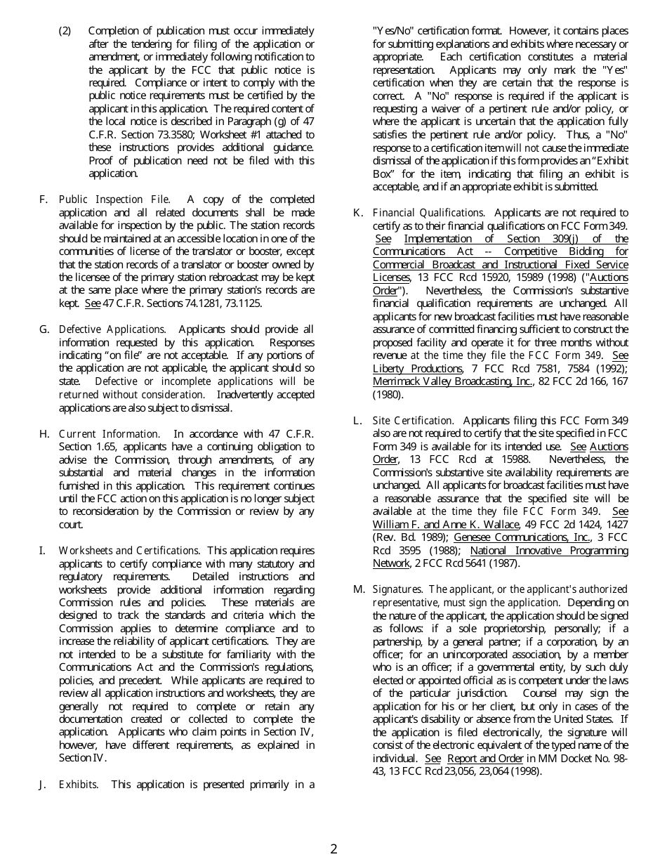 FCC Form 349 Application for Authority to Construct or Make Changes in an Fm Translator or Fm Booster Station, Page 2