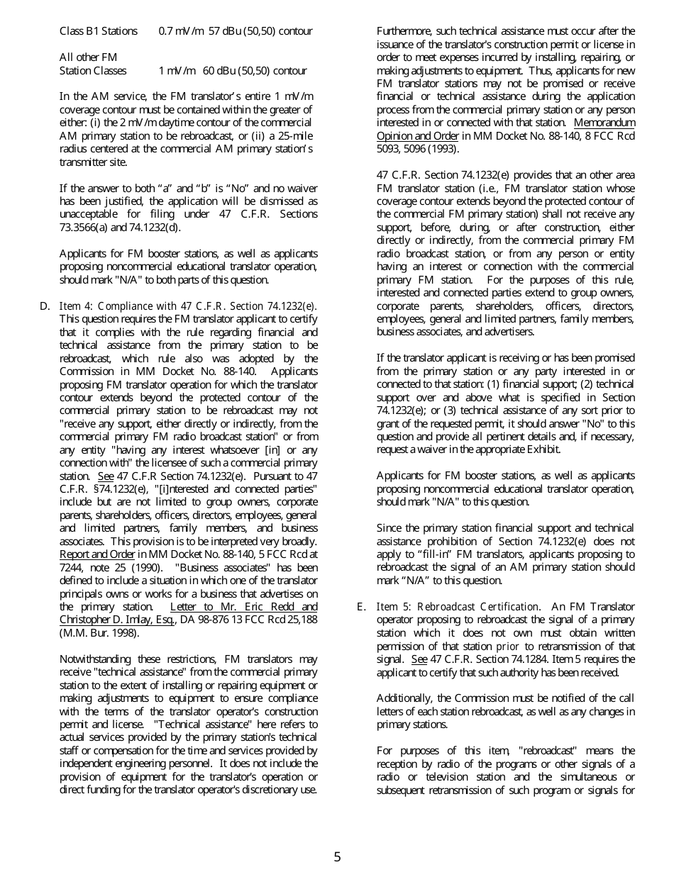 FCC Form 349 Application for Authority to Construct or Make Changes in an Fm Translator or Fm Booster Station, Page 5