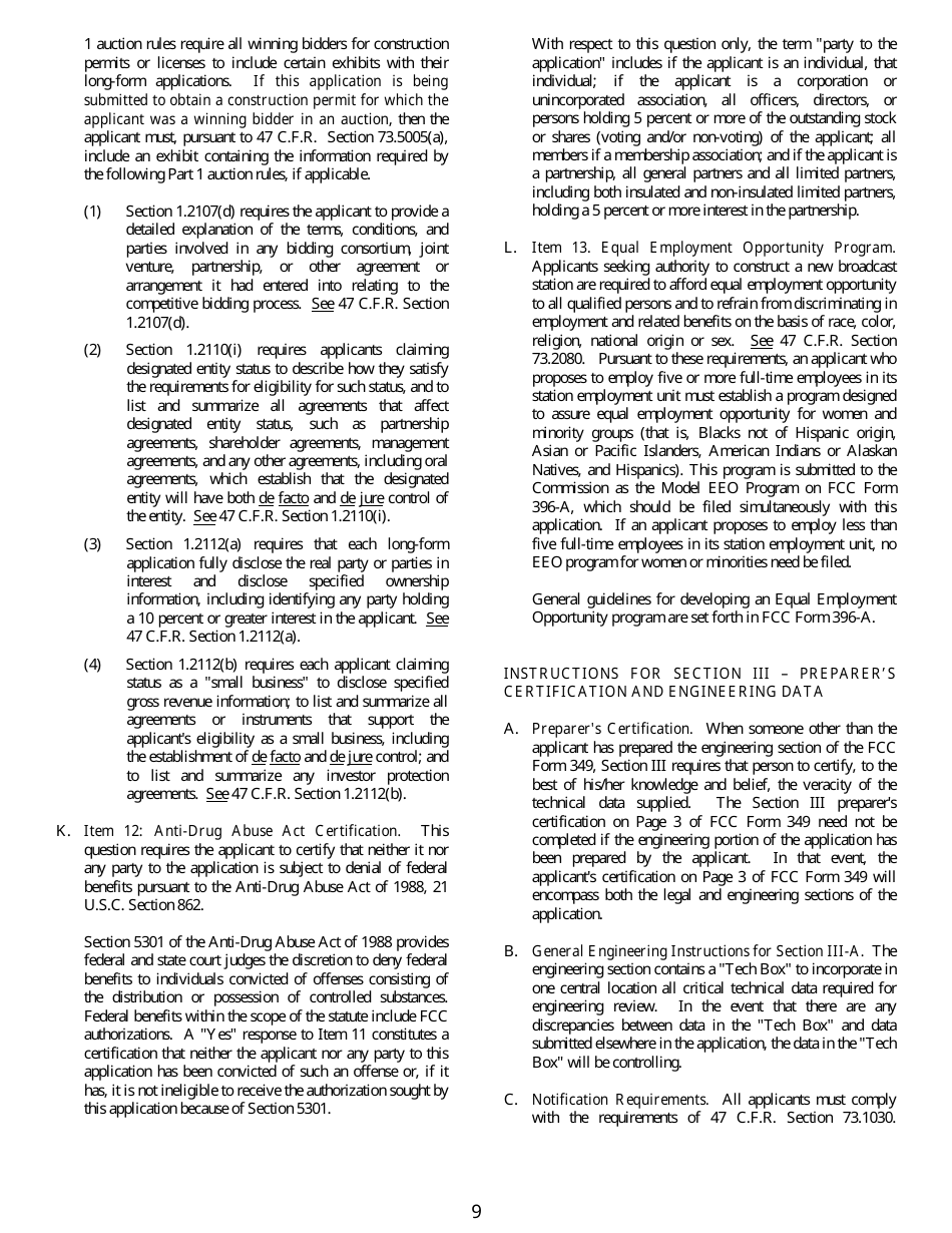 FCC Form 349 Application for Authority to Construct or Make Changes in an Fm Translator or Fm Booster Station, Page 9