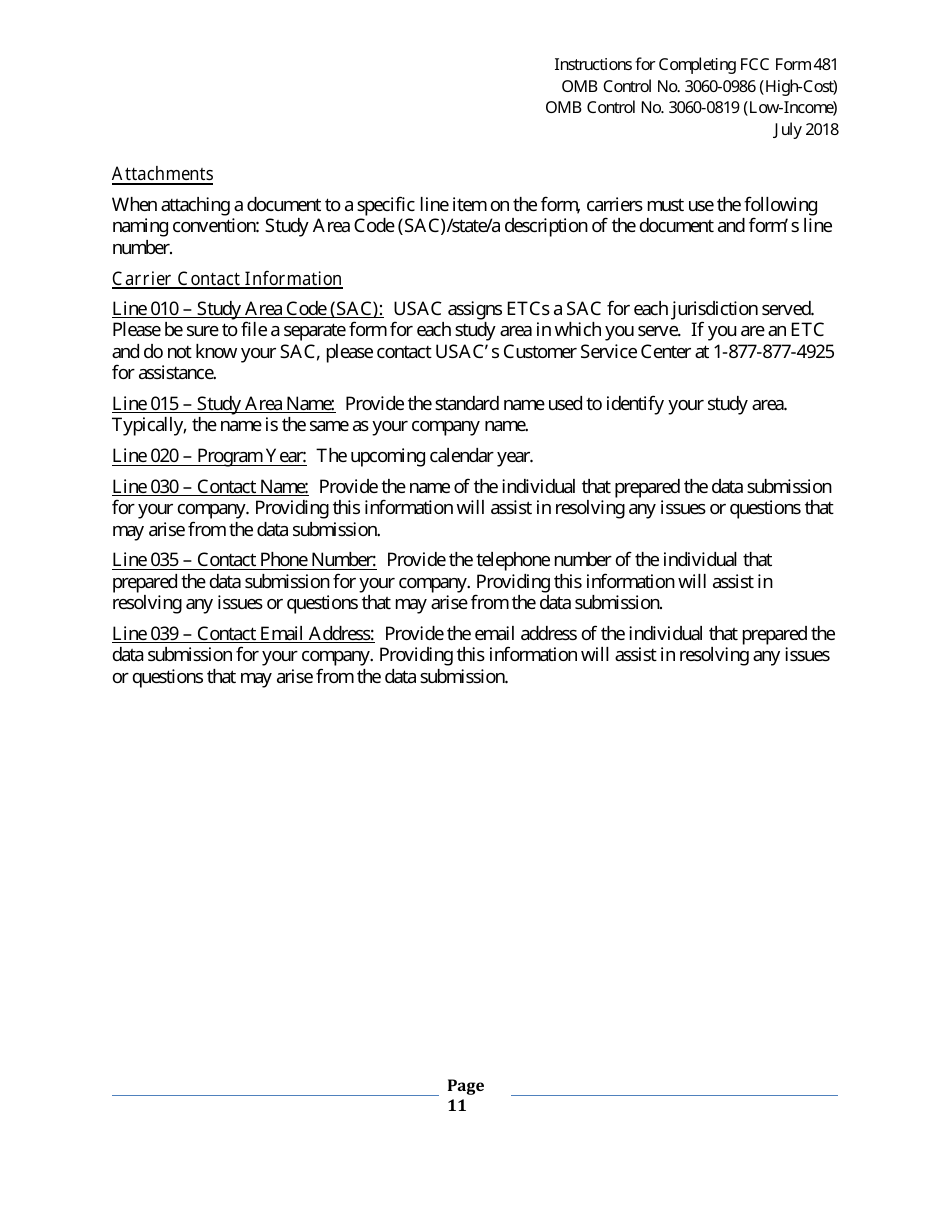 Instructions for FCC Form 481 Service Quality Improvement Reporting FCC Form 481 Data Collection Form, Page 11