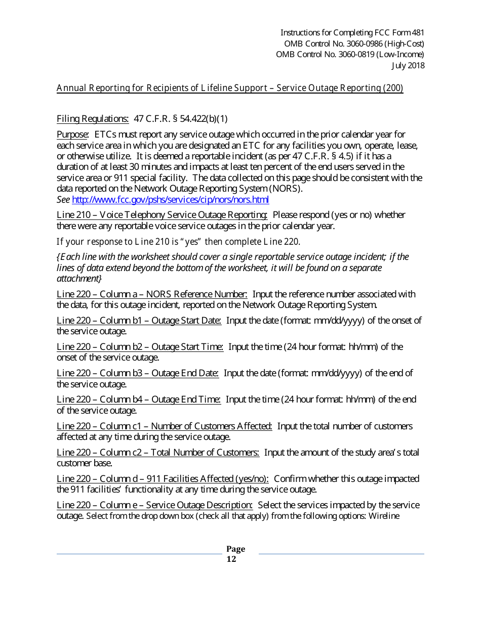 Instructions for FCC Form 481 Service Quality Improvement Reporting FCC Form 481 Data Collection Form, Page 12