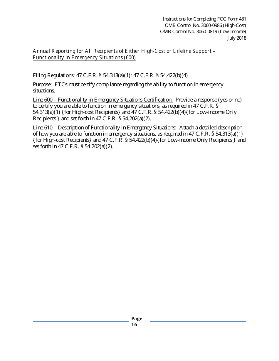 Instructions for FCC Form 481 Service Quality Improvement Reporting FCC Form 481 Data Collection Form, Page 16