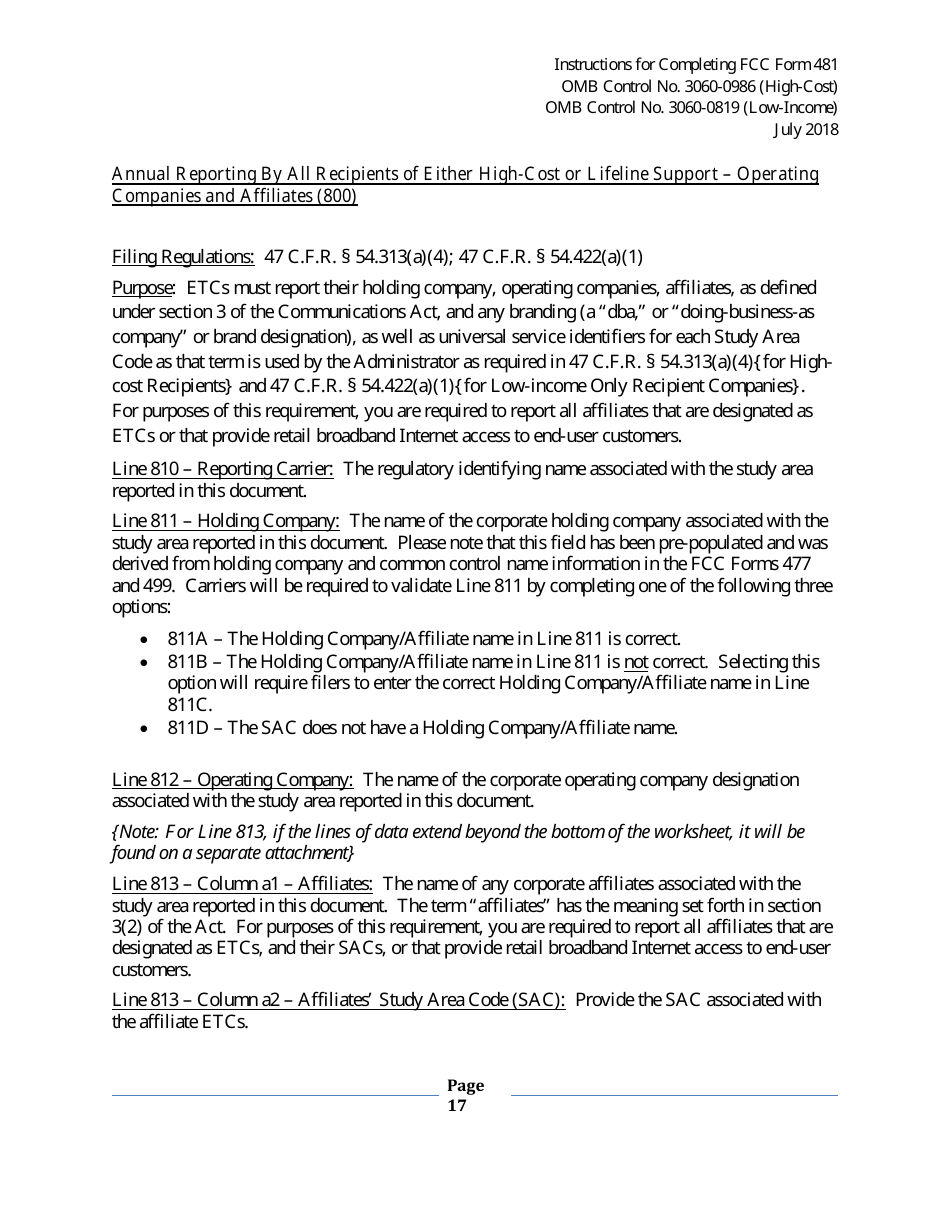 Instructions for FCC Form 481 Service Quality Improvement Reporting FCC Form 481 Data Collection Form, Page 17